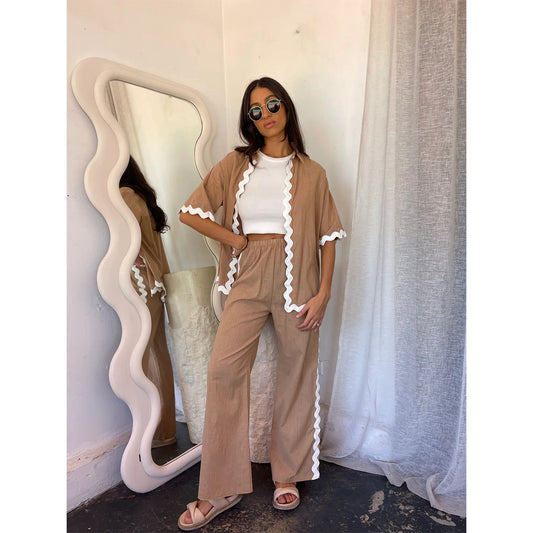 Women’s Two-Piece Set – Lightweight Cotton – Loose Fit – Scalloped Open Front