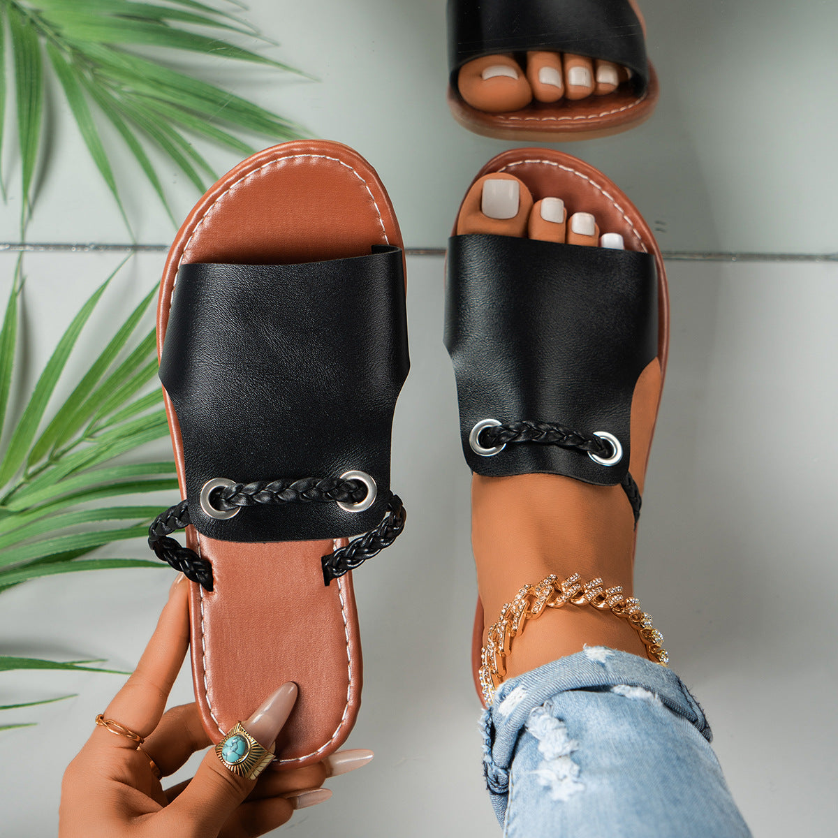 Women’s Flat Sandals – Braided Strap – Cushioned Footbed – Slip-On Open Toe