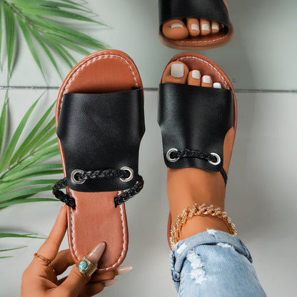 Women’s Flat Sandals – Braided Strap – Cushioned Footbed – Slip-On Open Toe