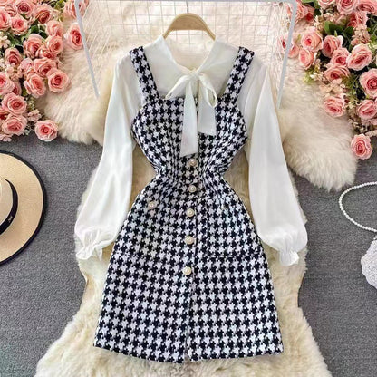 Women’s Pinafore Dress Set – Tweed Midi Fit – Bow Neck Blouse – Button Front Style