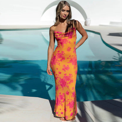 Women’s Evening Dress – Slim Fit – Cowl Neck – Open Back – Floral Print – Full Length