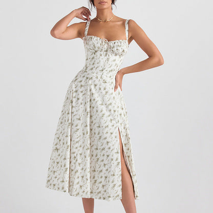 Women’s Midi Dress – Sleeveless – Tie Front – Floral Print – High Slit – Cotton Blend
