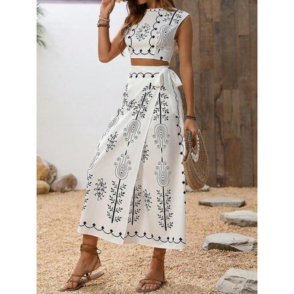 Women’s Two-Piece Set – Embroidered Sleeveless Crop Top & Wrap Midi Skirt – Breathable Fabric