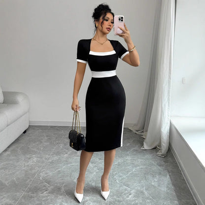 Women’s Midi Dress – Slim Fit Bodycon – Square Neck – Short Sleeve – Waist Detail