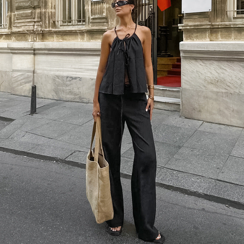 Women’s Two-Piece Set – Linen Blend – Tie Front Crop Top – Wide-Leg Drawstring Pants