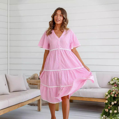Women’s Midi Dress – V-Neck – Loose Fit – Tiered with Lace Trim – Short Sleeve Cotton