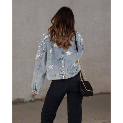 Women’s Denim Jacket – Loose Fit – Cropped Length – Beaded Shoulders – Button Closure