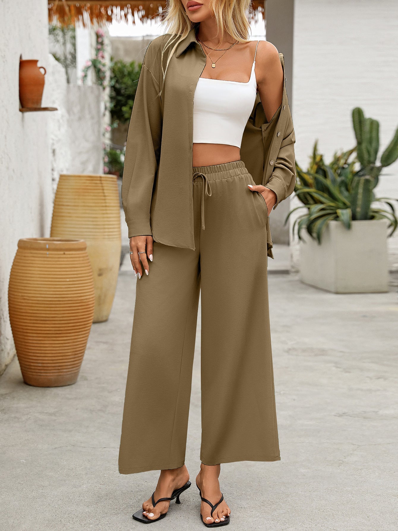 Women’s Two-Piece Set – Relaxed Fit Shirt – Wide-Leg Pants – Cotton Blend – Casual Wear