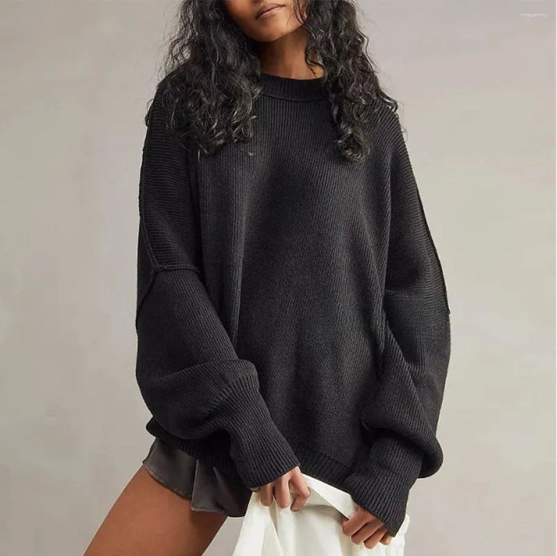 Women’s Pullover Knit Sweater – Oversized Fit – Long Sleeve – Side Slits – Textured Knit
