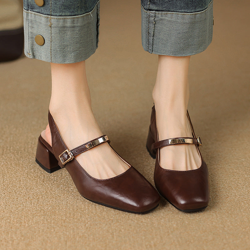 Women’s Slingback Heels – Square Toe – Studded Strap – Block Heel – Polished Finish