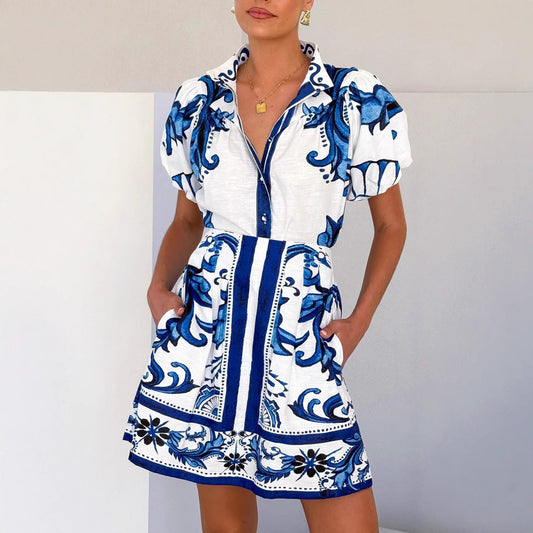 Women’s A-Line Dress Set – Linen Fabric – Puff Sleeve Top – Mini Skirt with Pockets