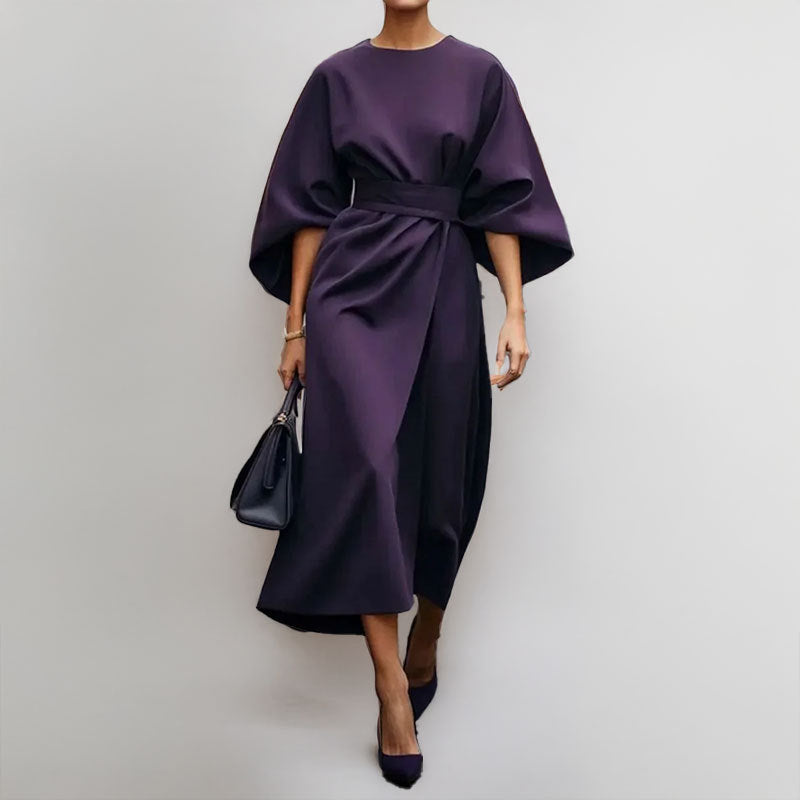 Women’s Long Dress – Satin Finish – Batwing Sleeve – Fitted Waist – Formal Wear