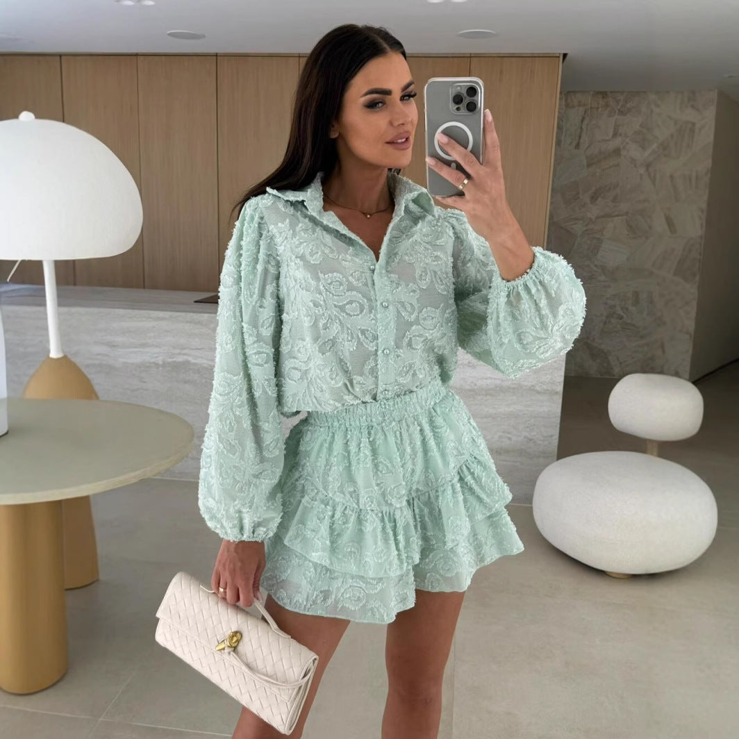 Women’s Two-Piece Lace Set – Puff Sleeve Top – Cinched Waist – Ruffled Mini Skirt