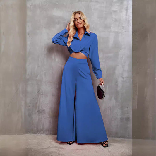 Women’s Two-Piece Set – Twist Front Cropped Blouse – High-Waist Wide-Leg Pants