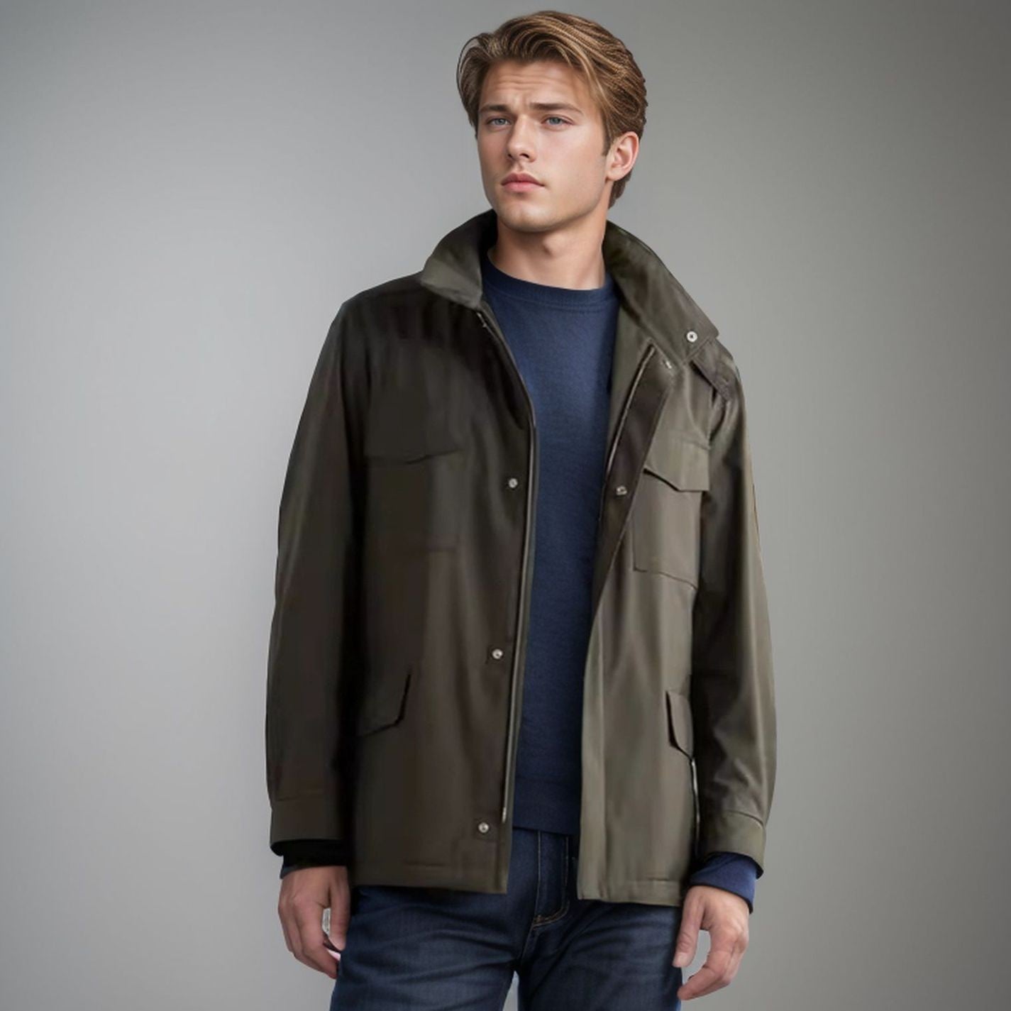 Men’s Coat – Relaxed Fit – Hip Length – Zipper Front – High Collar – Utility Pockets