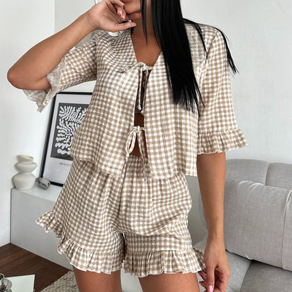 Women’s Pajama Set – Cotton Blend – Loose Fit – V-Neck – Ruffle Trim – Checkered