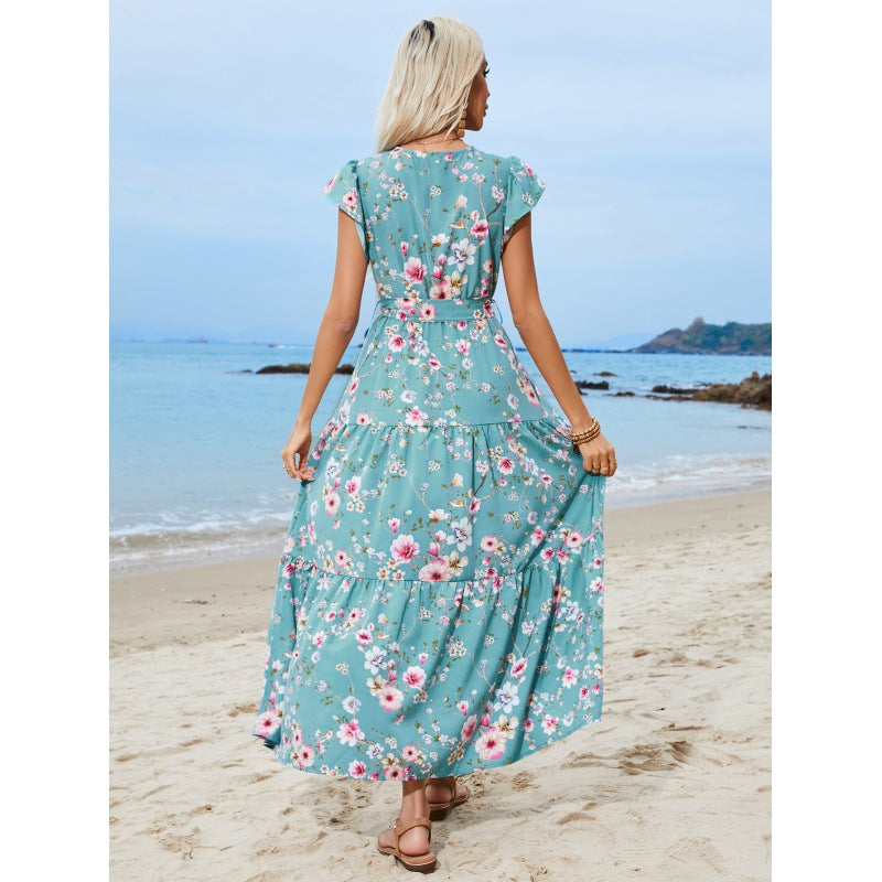 Women’s Midi Dress – V-Neck – Tie Waist – Floral Print – Ruffled Sleeves – Cotton