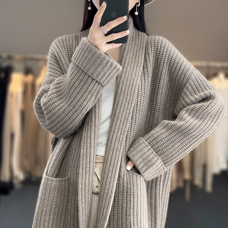 Women’s Knit Cardigan – Oversized Fit – Chunky Wool Blend – Longline Open Front – Pockets