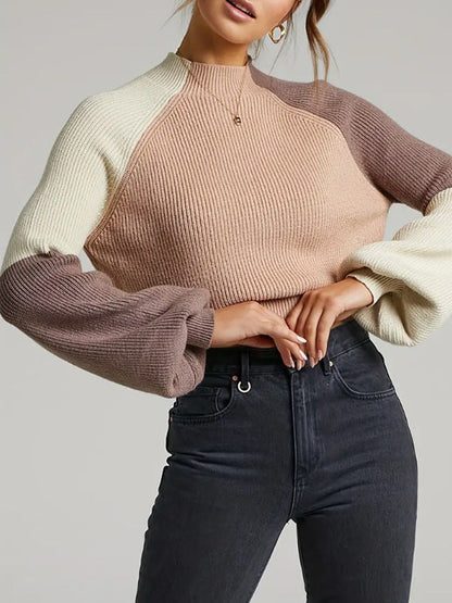 Women’s Pullover Sweater – Oversized Fit – Soft Knit Ribbed – Mock Neck – Cropped Length