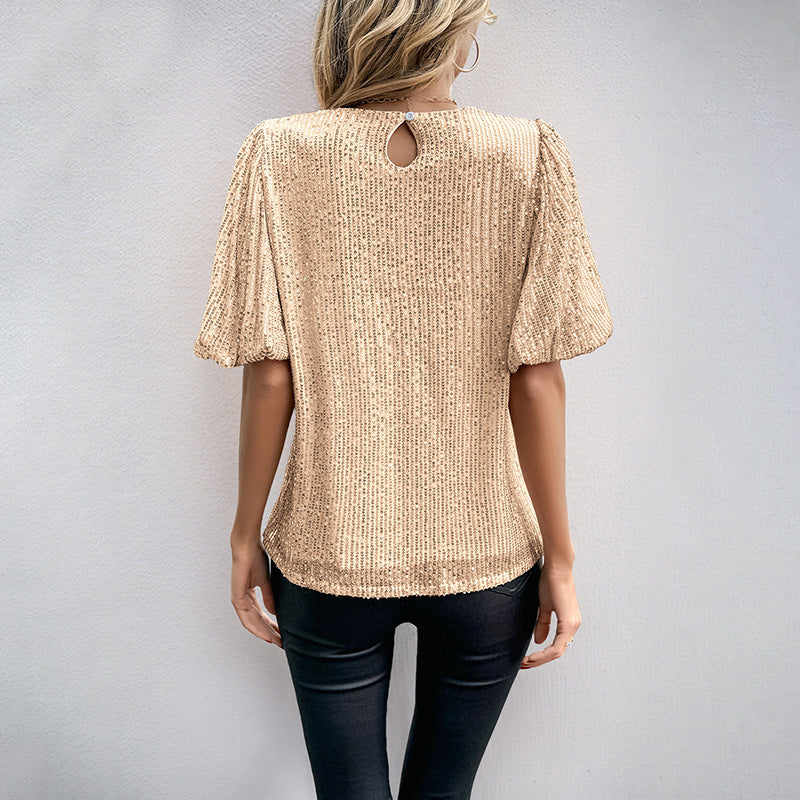 Women’s Sequin T-Shirt – Relaxed Fit – Bell Sleeves – Round Neck Party Wear