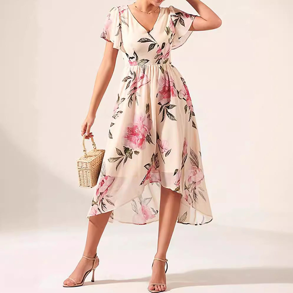 Women’s Midi Dress – Floral Print – V-Neck – Ruffle Sleeve – Tie Waist – High-Low Hem