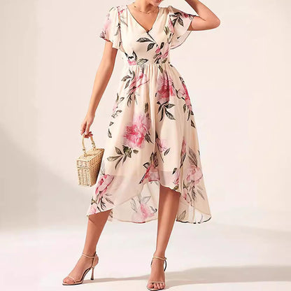 Women’s Midi Dress – Floral Print – V-Neck – Ruffle Sleeve – Tie Waist – High-Low Hem