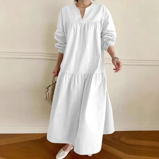 Women’s Long Dress – Cotton Linen Blend – Oversized Fit – V-Neck – Puff Sleeve