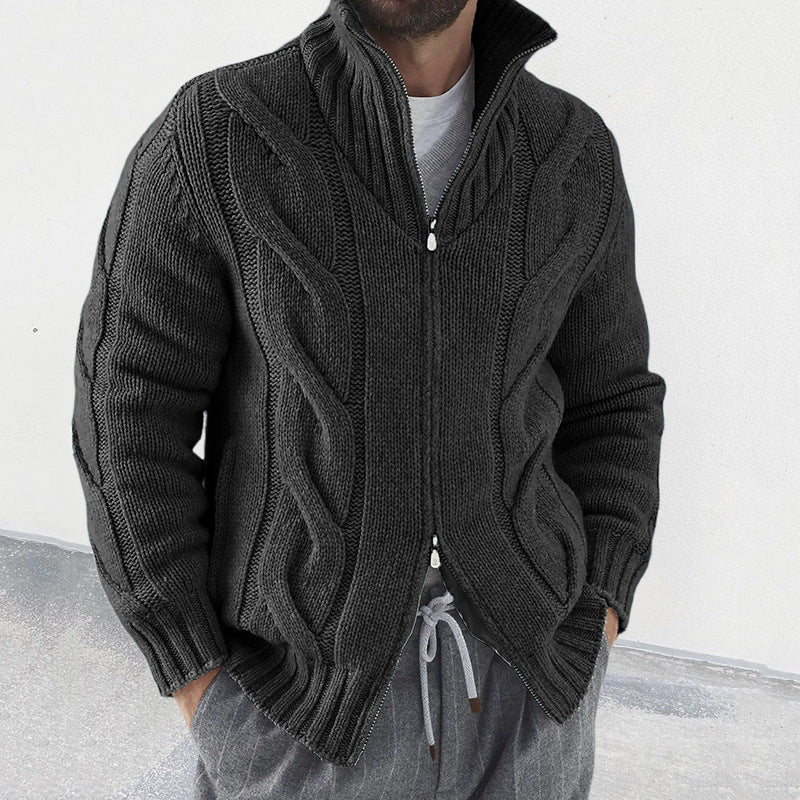 Men’s Knit Cardigan – Wool Blend – Relaxed Fit – High Neck – Cable Sleeve – Zip Front