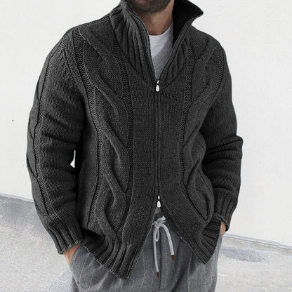 Men’s Knit Cardigan – Wool Blend – Relaxed Fit – High Neck – Cable Sleeve – Zip Front