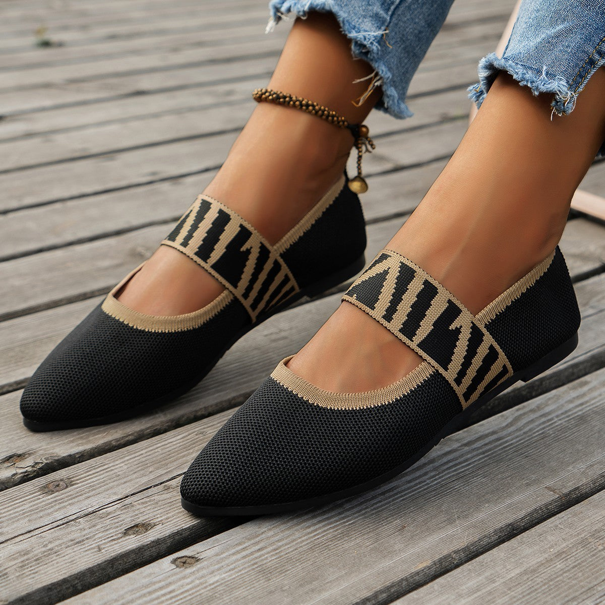 Women’s Loafers – Pointed Toe – Flat Sole – Breathable Knit – Woven Strap Detail