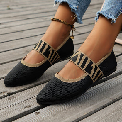 Women’s Loafers – Pointed Toe – Flat Sole – Breathable Knit – Woven Strap Detail