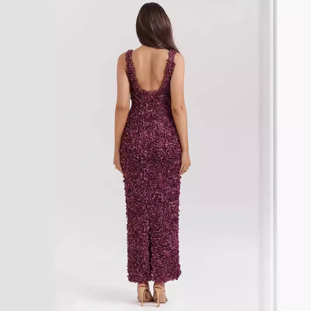 Women’s Evening Dress – Slim Fit – Full Length – 3D Floral – Plunging Neckline