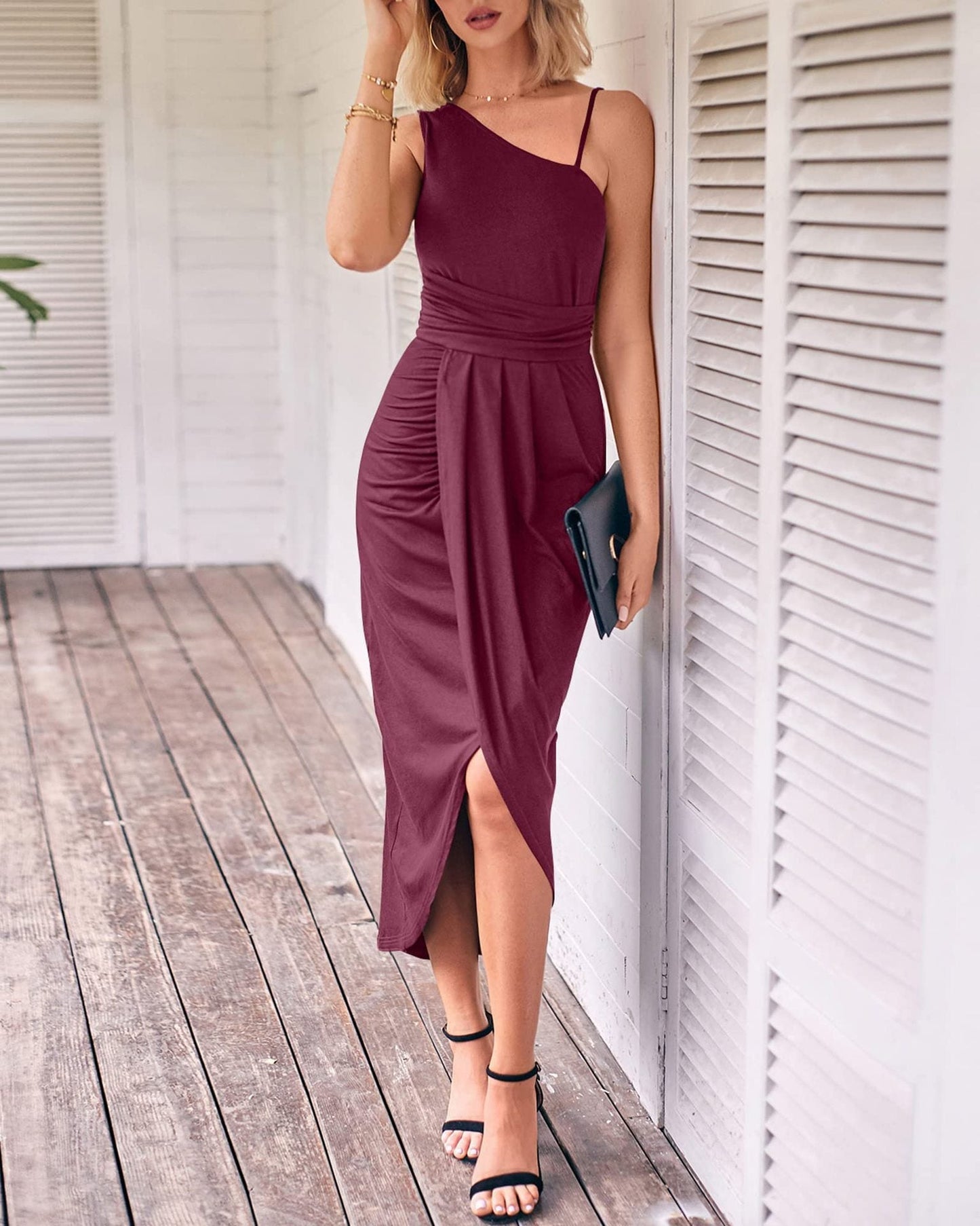 Women’s Maxi Dress – Slim Fit – Asymmetric Neckline – Draped Bodice – Strappy Detail