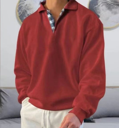 Men’s Sweatshirt – Soft Knit – V-Neck Lapel – Loose Fit – Ribbed Cuffs – Casual Wear