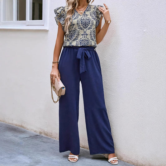 Women’s Matching Set – V-Neck Floral Top Relaxed Fit – Wide-Leg Pants with Belt