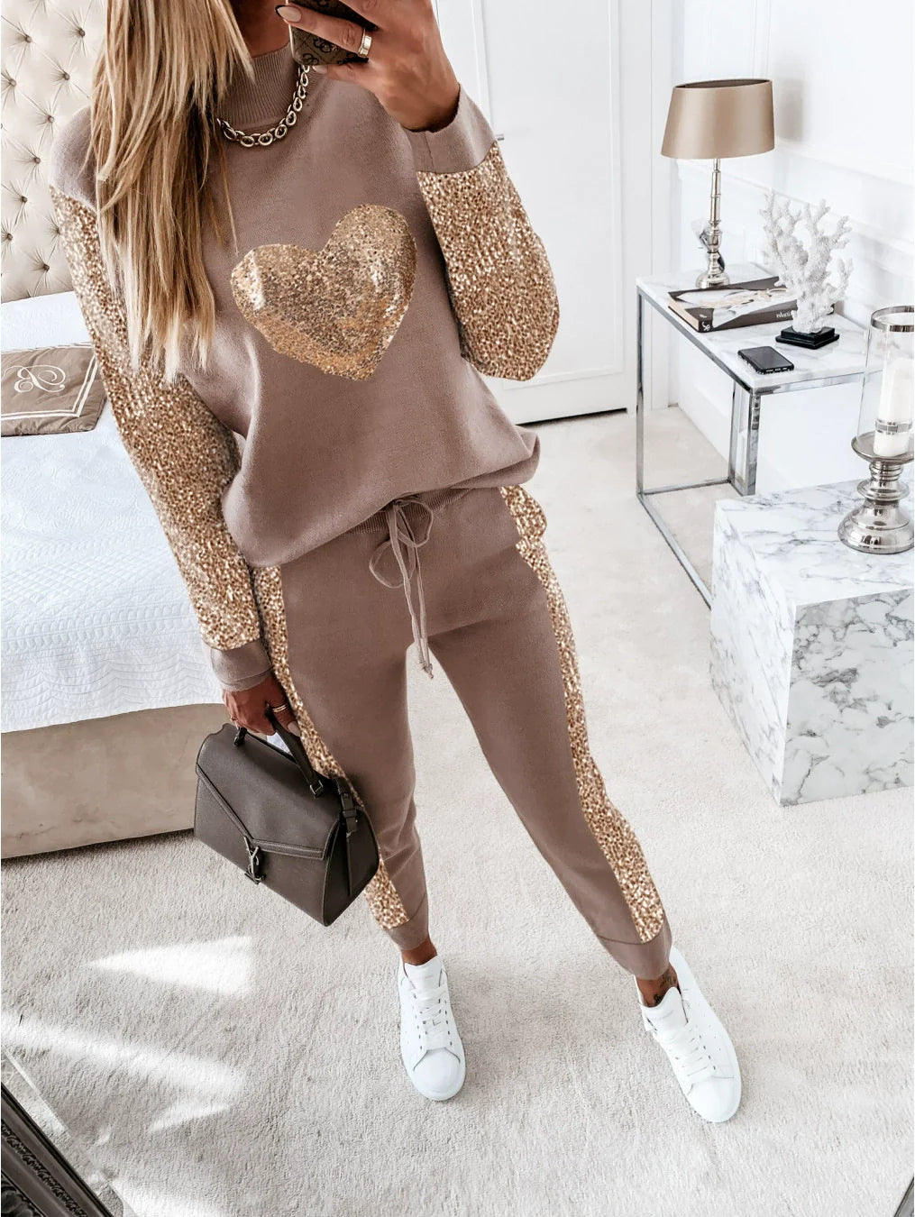 Women’s Two-Piece Set – Cotton Blend Off-Shoulder Top – Tapered Drawstring Pants
