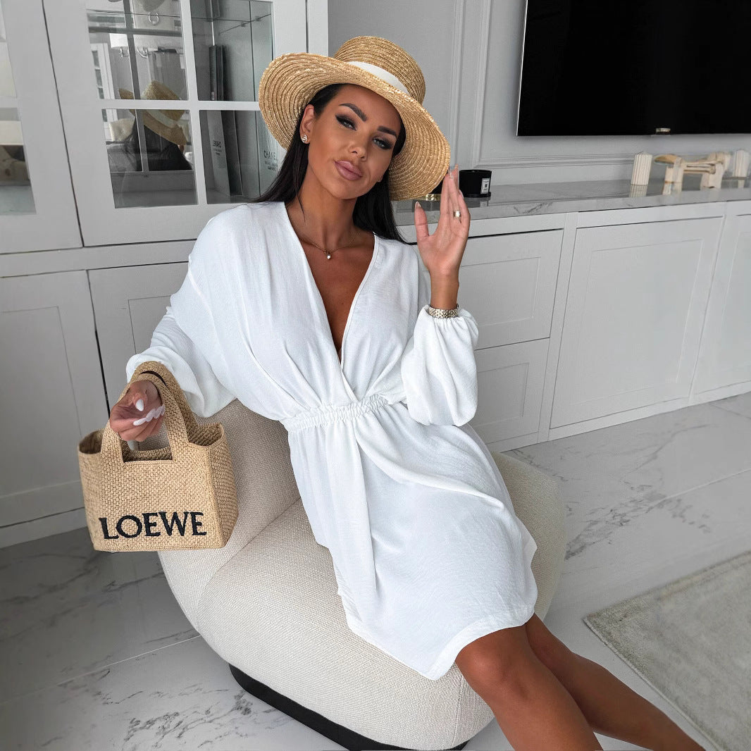 Women’s V-Neck Dress – Lightweight Fabric – Cinched Waist – Long Sleeve – Relaxed Fit