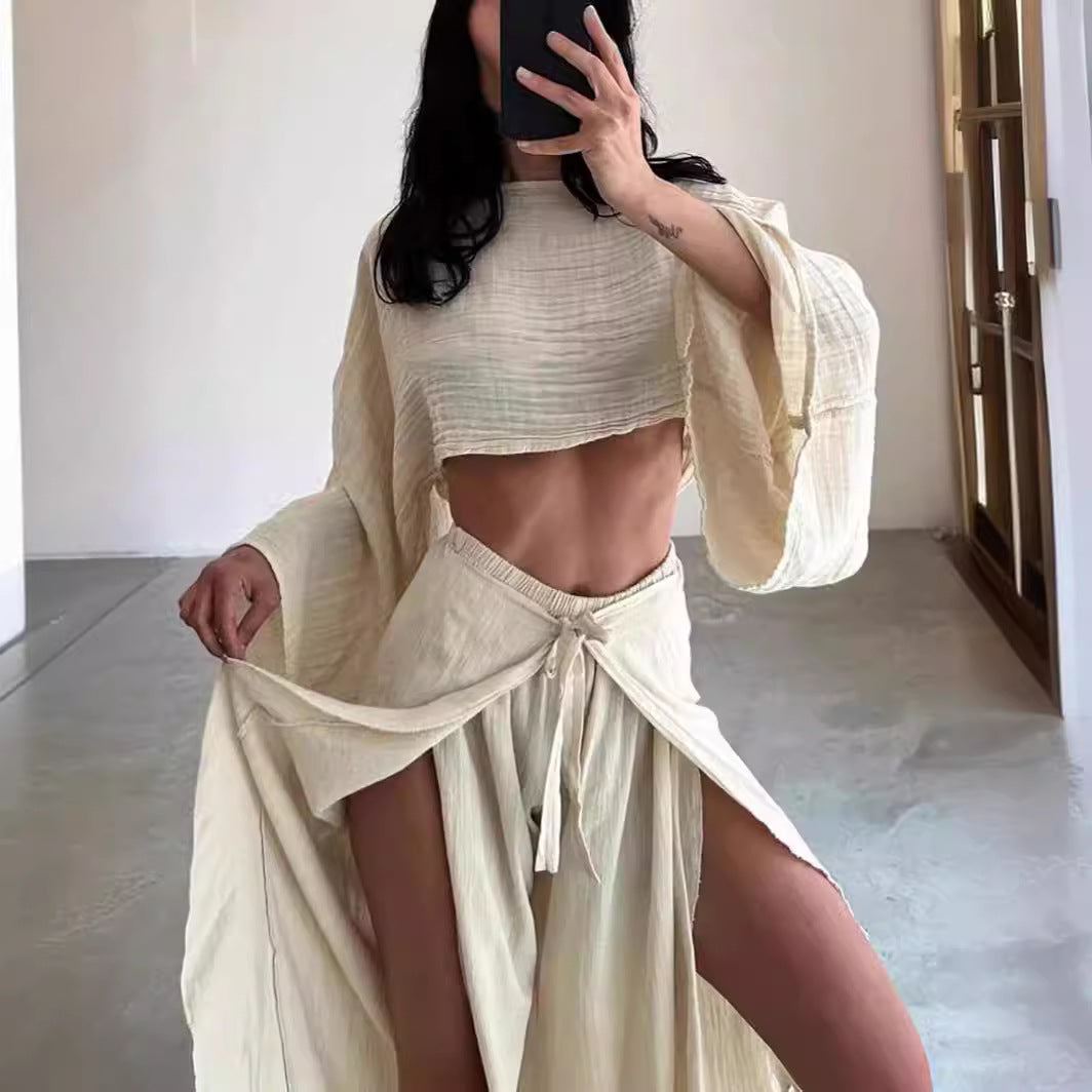 Women’s Two-Piece Set – Linen Blend – Cropped Wide Sleeve Top – Ruffled Wide-Leg Pants