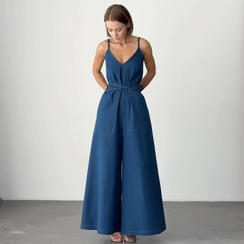 Women’s Jumpsuit – Linen Blend – Loose Fit – Wide Leg – Sleeveless Tie Waist