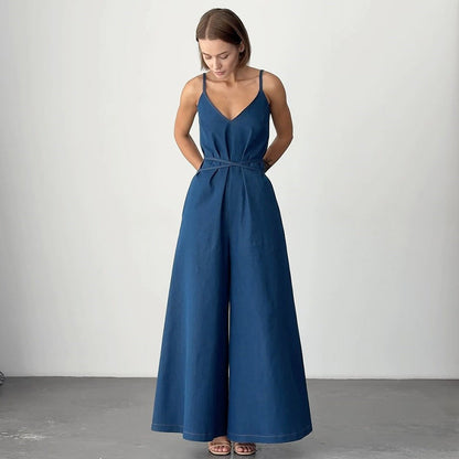 Women’s Jumpsuit – Linen Blend – Loose Fit – Wide Leg – Sleeveless Tie Waist