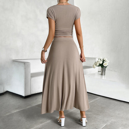 Women’s Crop Top and Skirt Set – Slim Fit Ruched Top – Full-Length Flowing Skirt