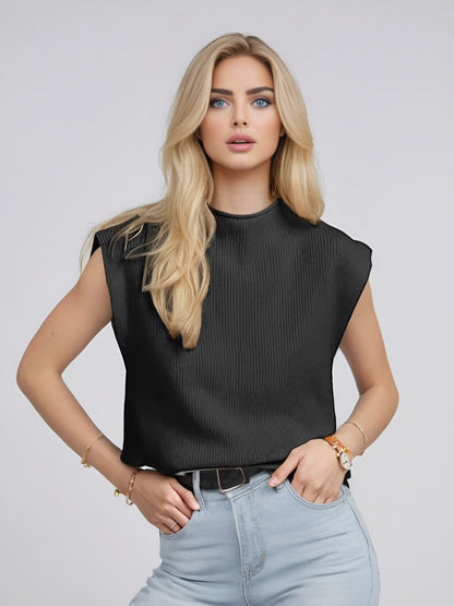 Women’s Sleeveless Turtleneck Sweater – Wool Blend Knit – Relaxed Fit – Ribbed Texture