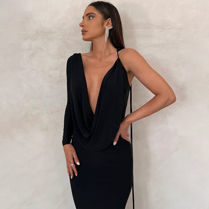 Women’s Evening Dress – One-Shoulder – Draped Neckline – Fitted Satin – Full Length
