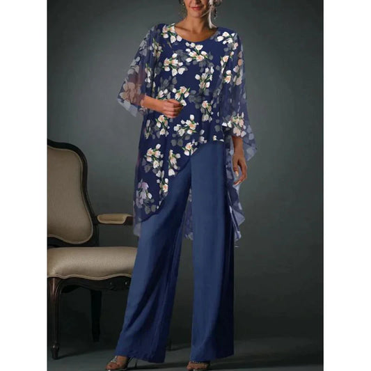 Women's Top and Wide-Leg Pants Set - Chiffon - Floral Print