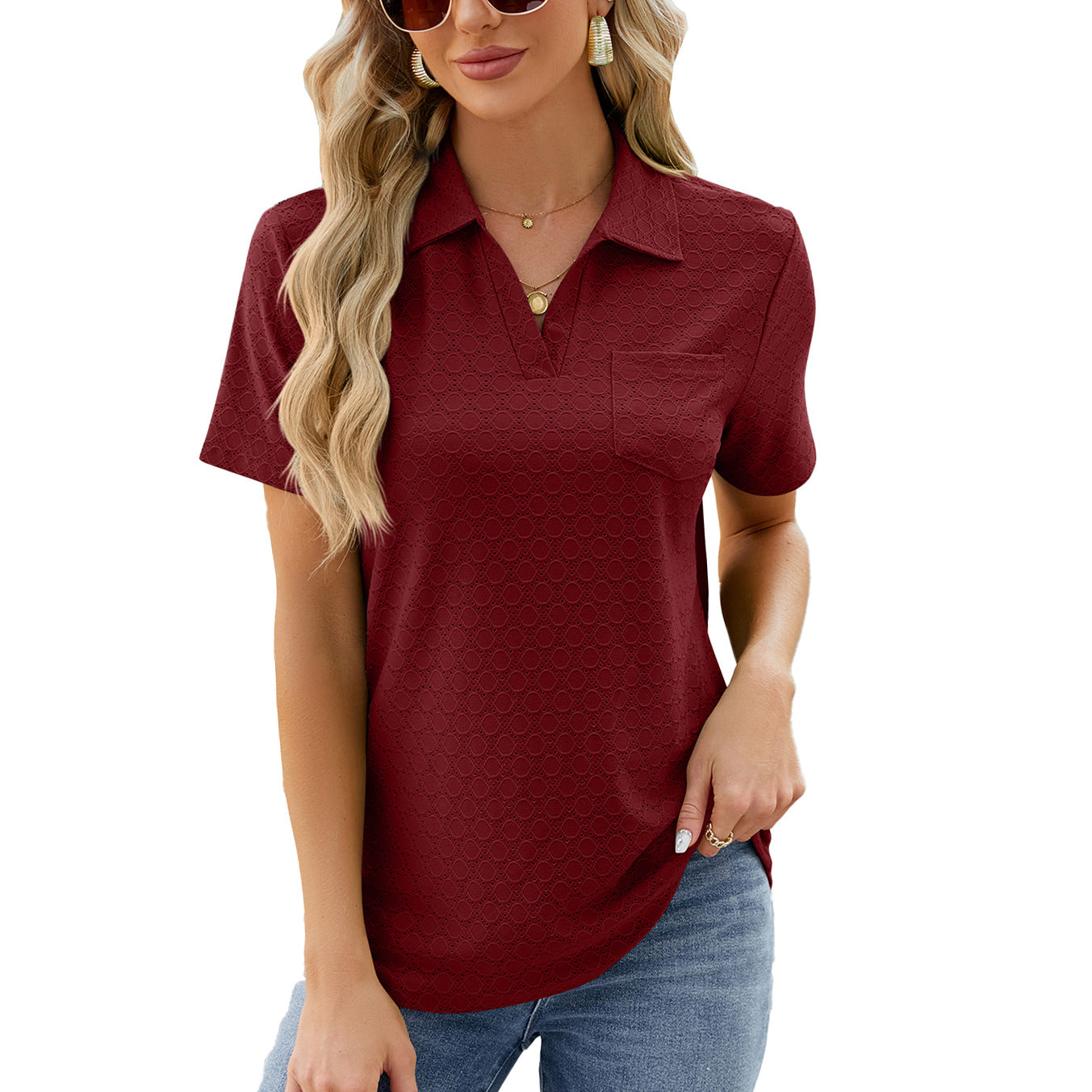 Women’s Polo Shirt – Relaxed Fit – Textured Knit – Open Collar – Chest Pocket