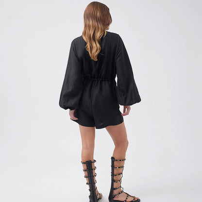 Women’s Romper – Cotton Linen Blend – Long Sleeve – Button Front – Drawstring Waist