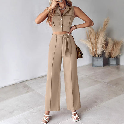 Women’s Pant Set – Sleeveless Button-Up Crop Top – Wide Leg High Waist Trousers – Belted Fit