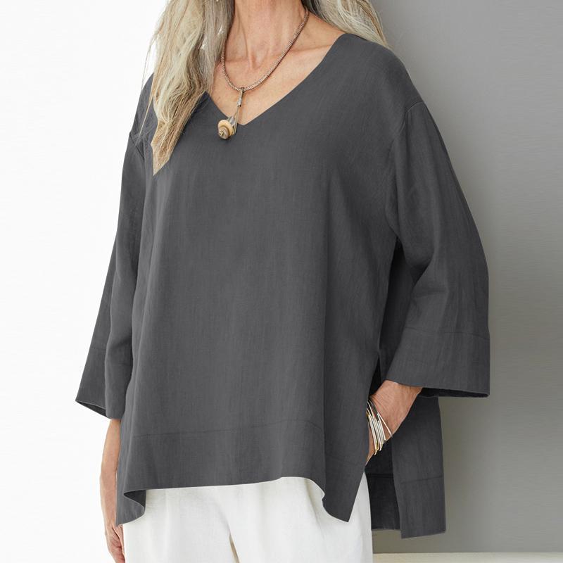 Women’s V-Neck Top – Cotton Linen Blend – Loose Fit – 3/4 Sleeve – Side Slit Casual