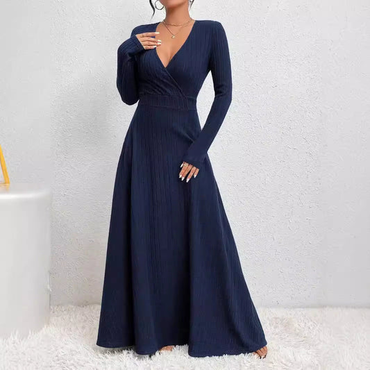 Women’s Long Sleeve Dress – Soft Knit – Fit and Flare – V-Neck – Full Length Elegant