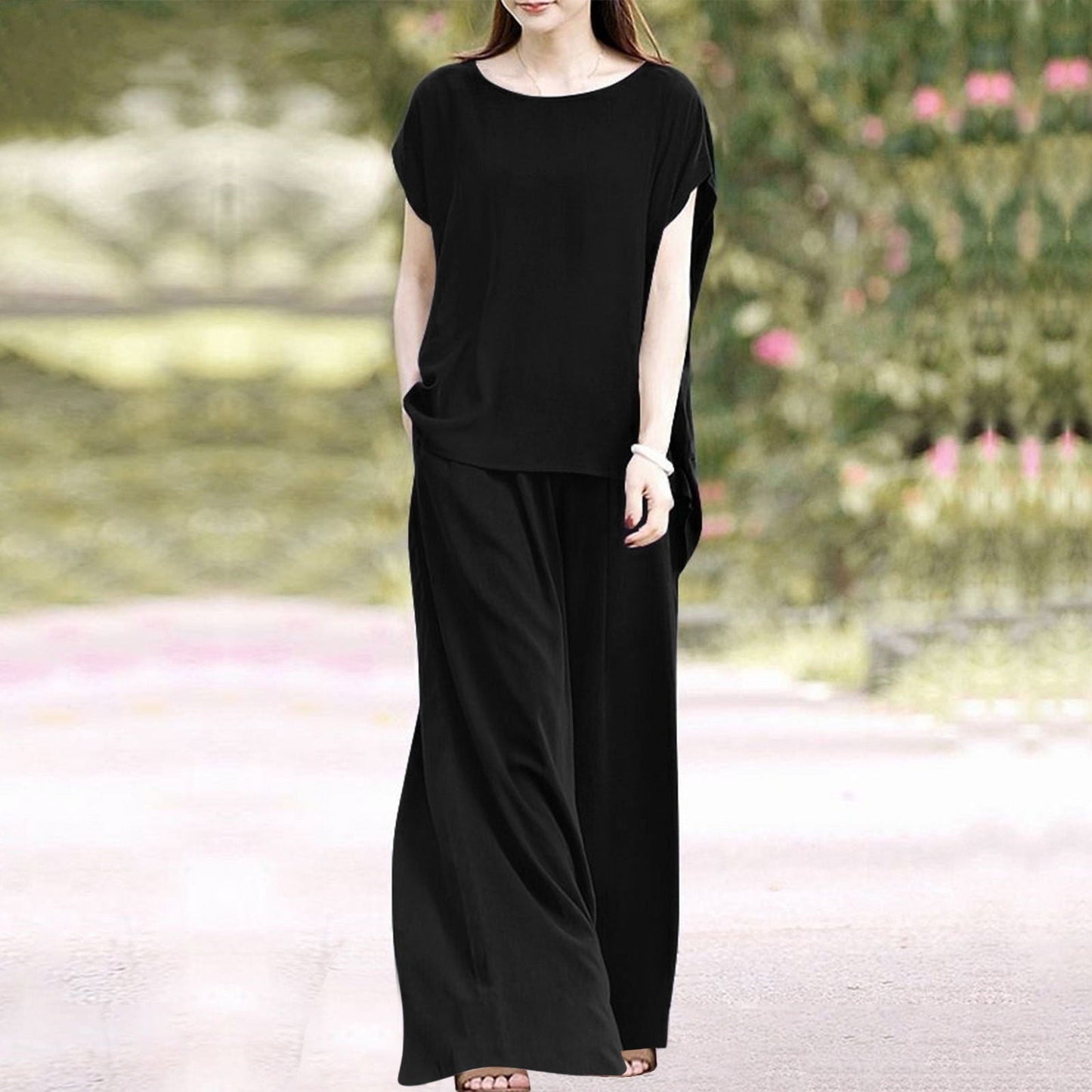Women’s Two-Piece Set – Loose Fit Blouse – Wide-Leg High-Waist Pants – Lightweight Breathable